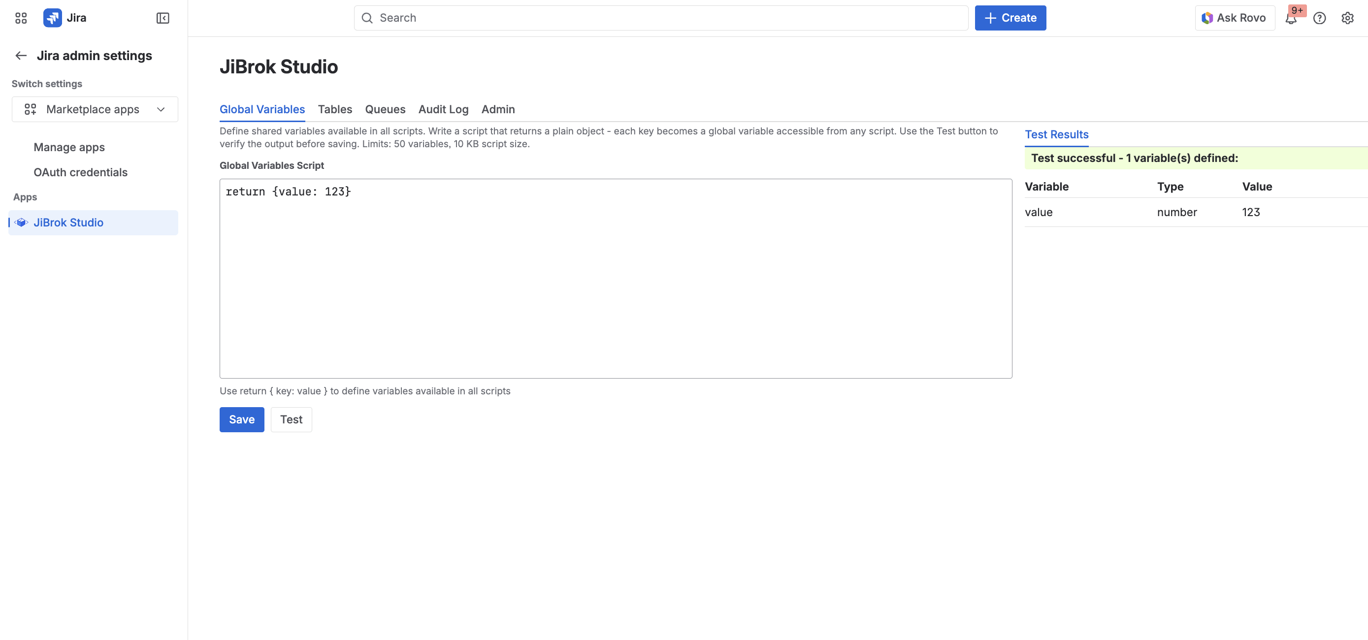 Global Variables configuration page