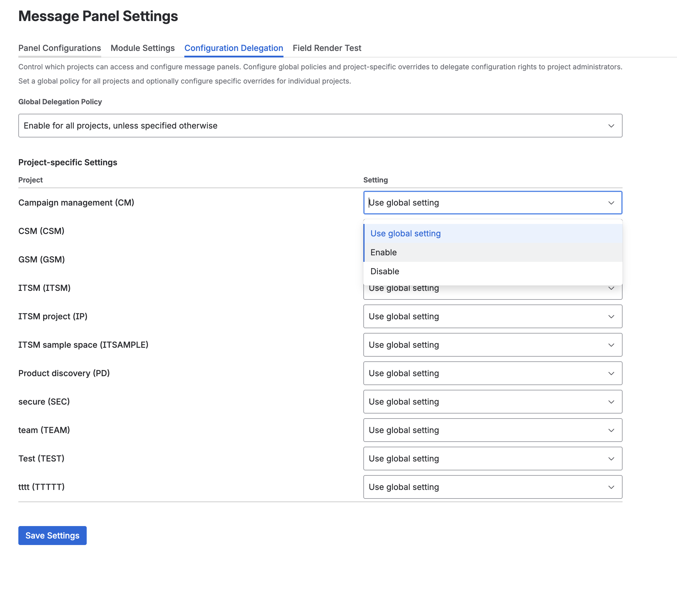Configuration Delegation Settings