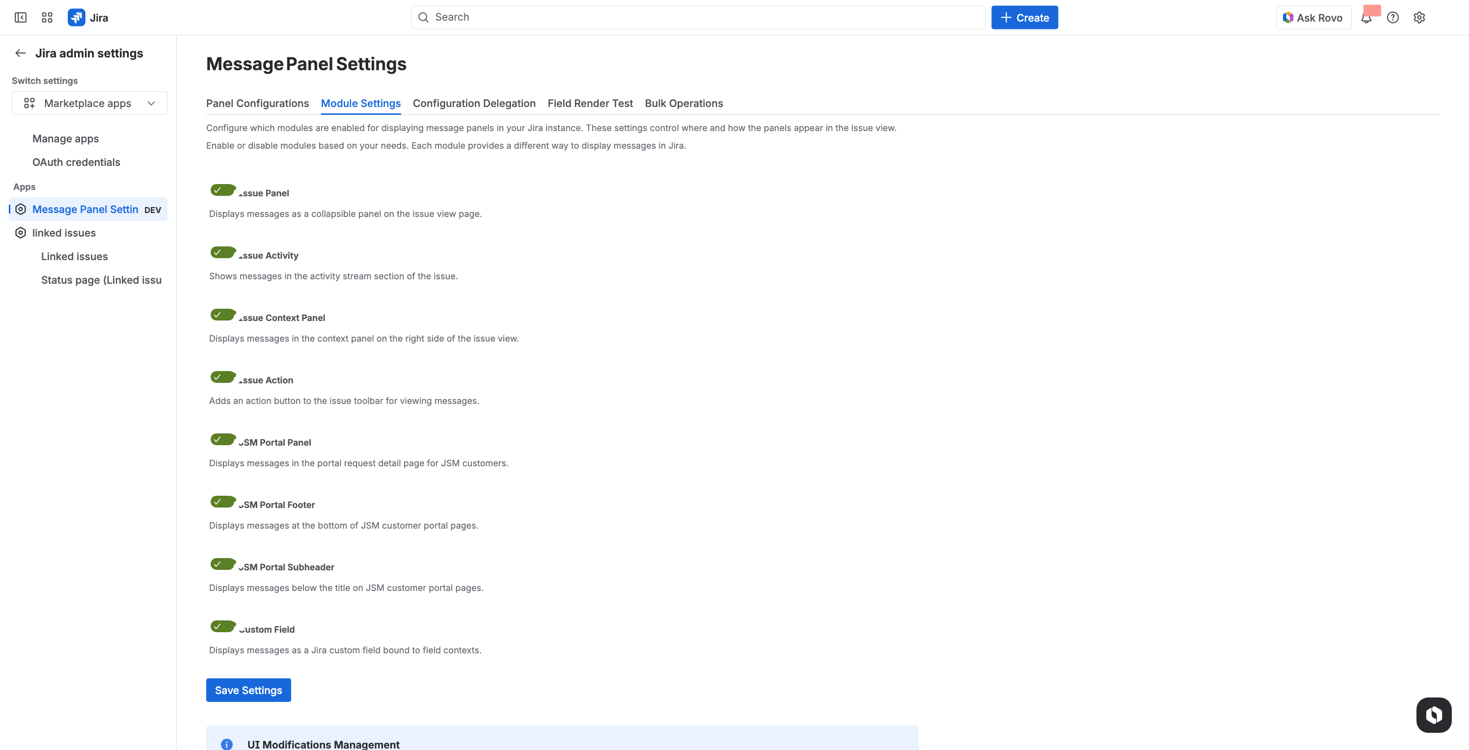 Module Settings — Custom Field enabled