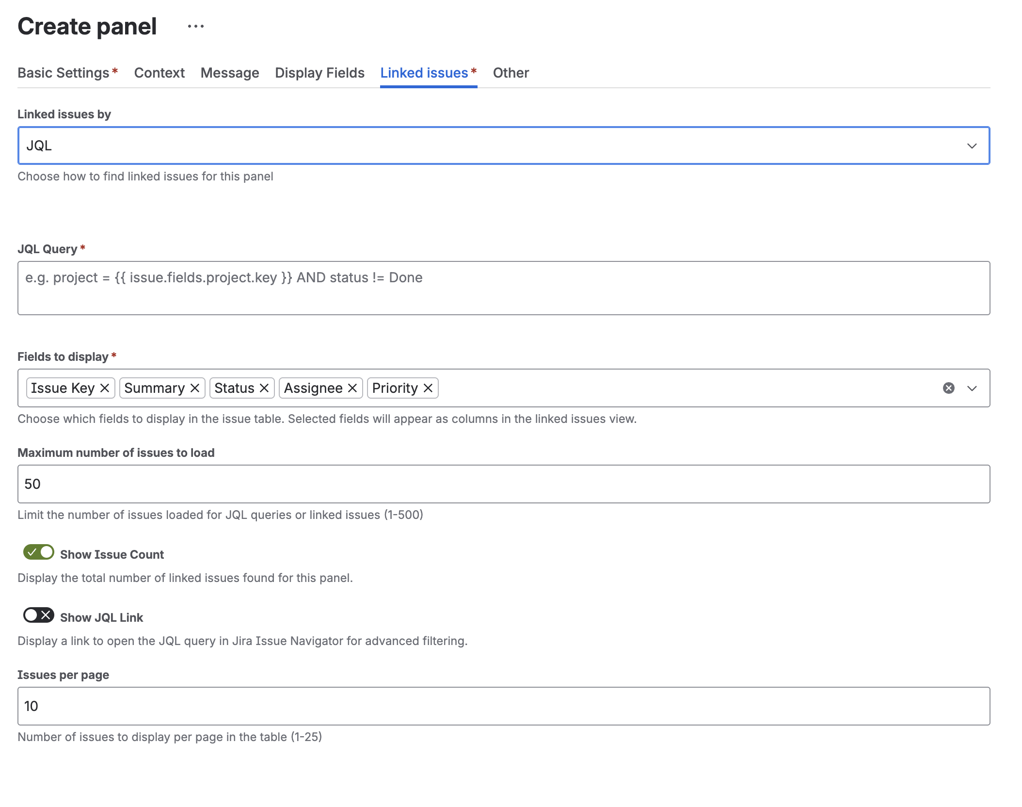 Panel Linked Issues Settings