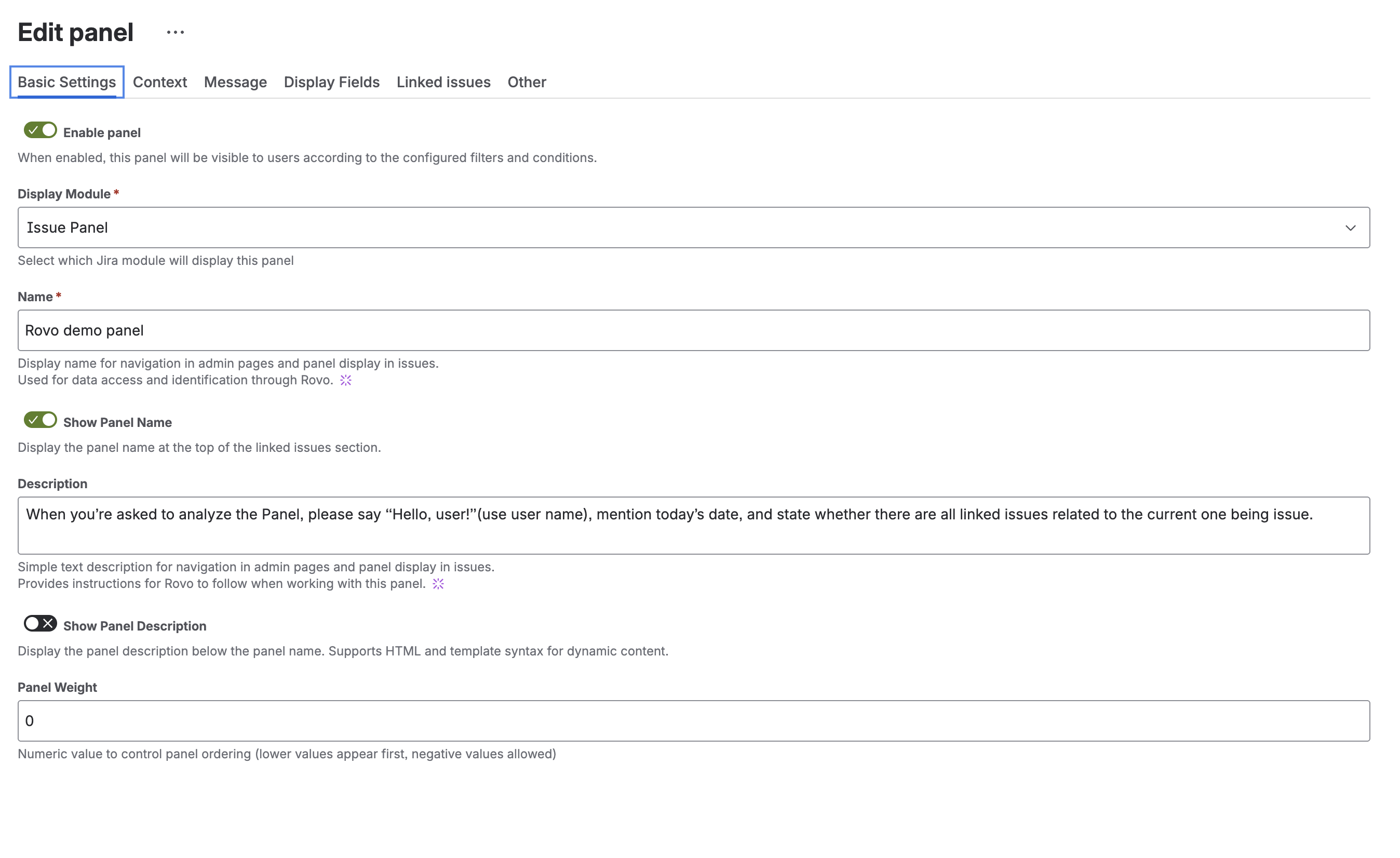 Panel Description with Agent Commands