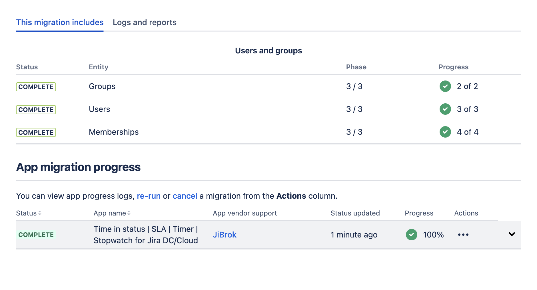JCMA app migration progress showing Time in Status as COMPLETE