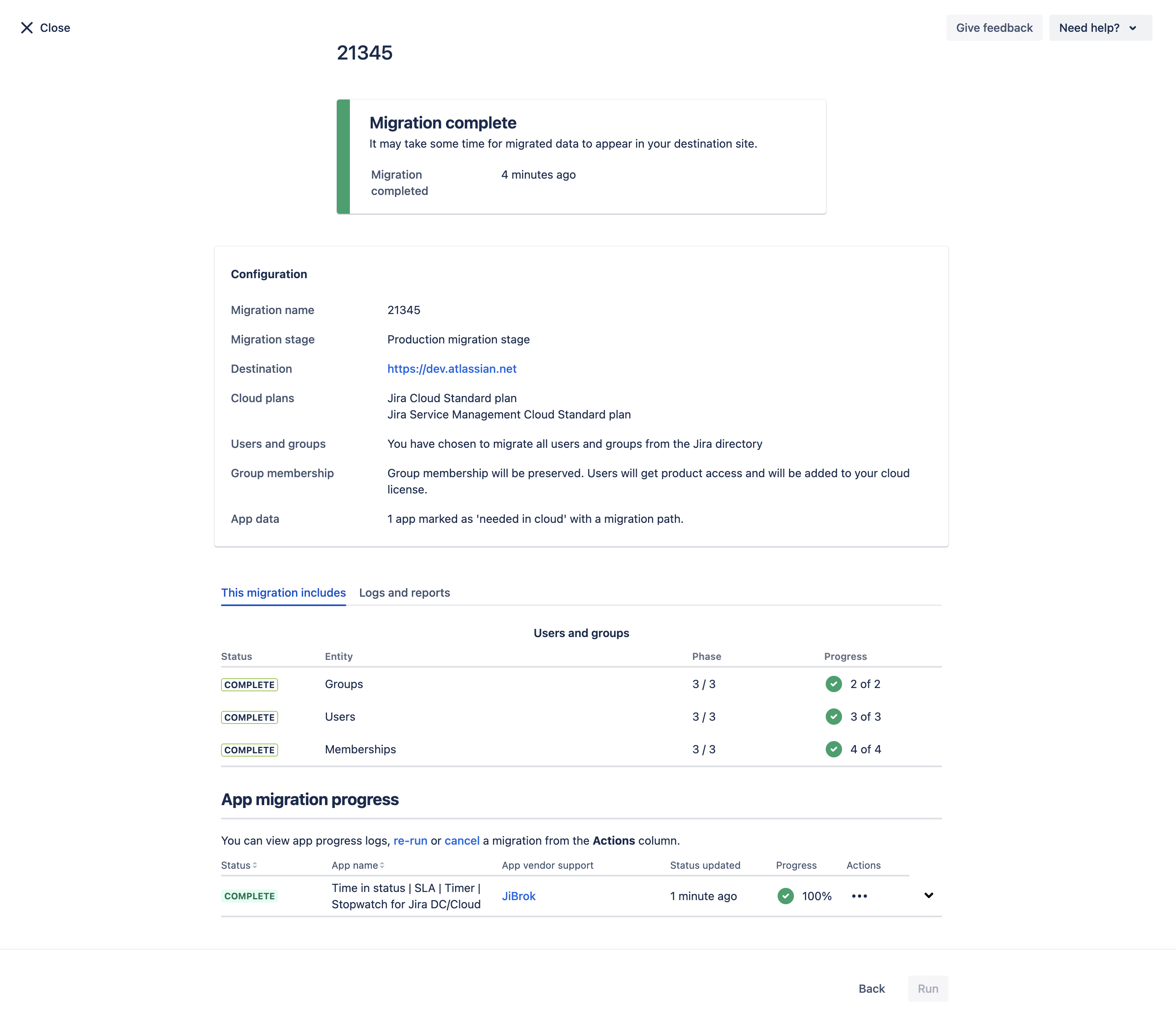JCMA Migration complete summary with configuration details and app progress