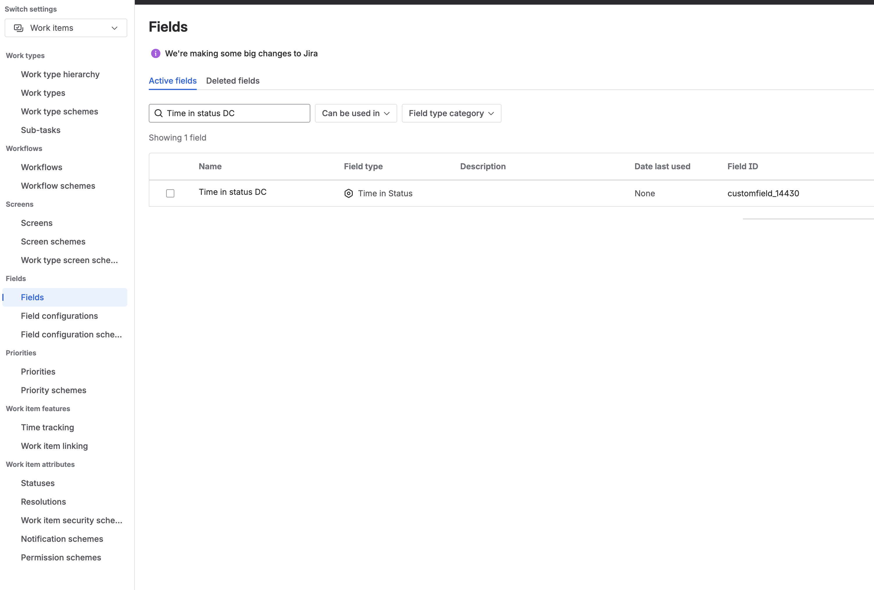 Jira Cloud admin Custom fields page showing a migrated Time in Status field with customfield ID