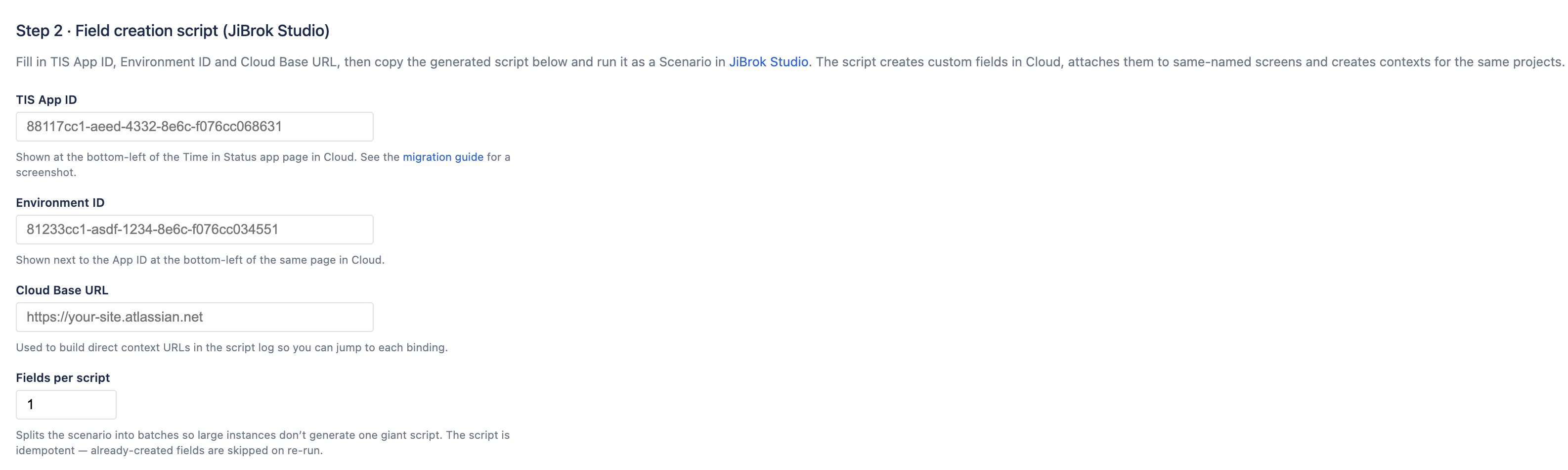 Connect Migration tab Step 2 configuration inputs: TIS App ID, Environment ID, Cloud Base URL and Fields per script