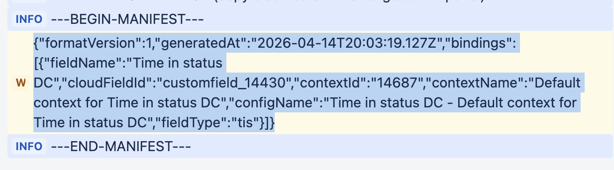 BINDING MANIFEST JSON highlighted in the Studio log and ready to copy