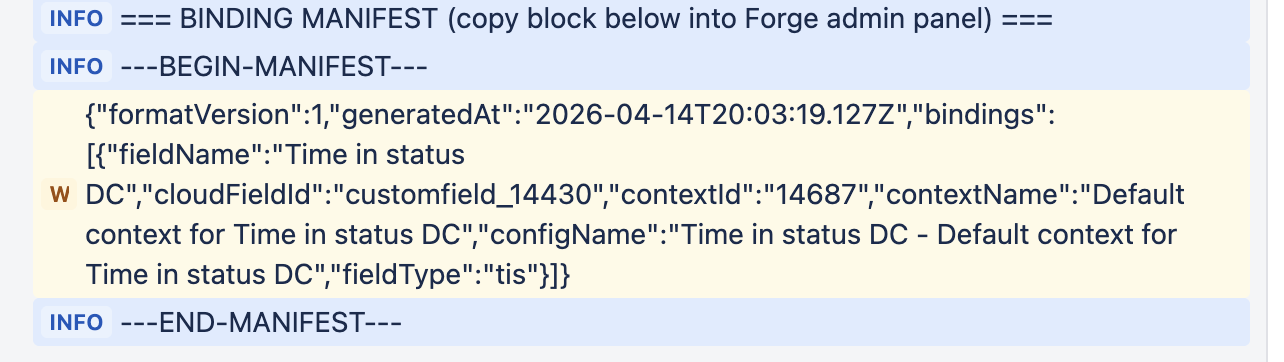 JiBrok Studio log showing BINDING MANIFEST header and JSON block between BEGIN-MANIFEST and END-MANIFEST markers