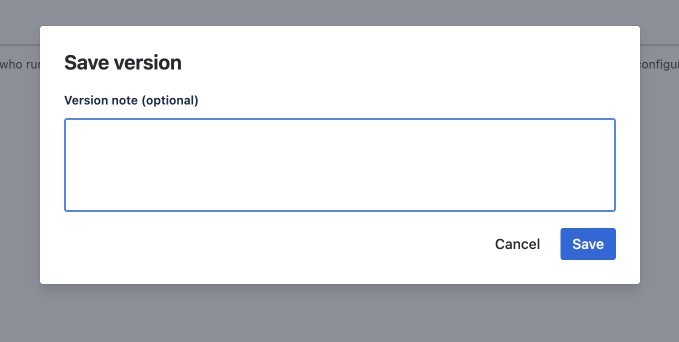JiBrok Studio Save version modal with an optional version note textarea