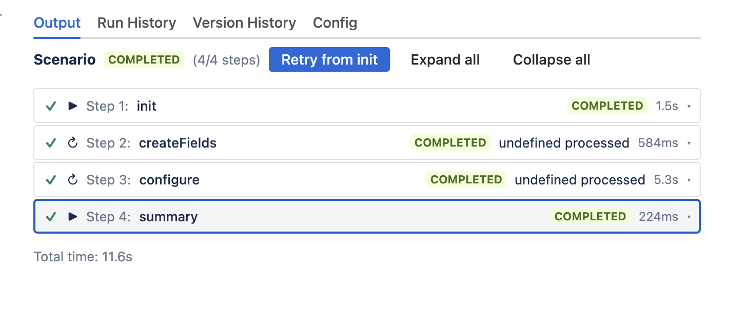 Scenario output showing all four steps (init, createFields, configure, summary) as COMPLETED