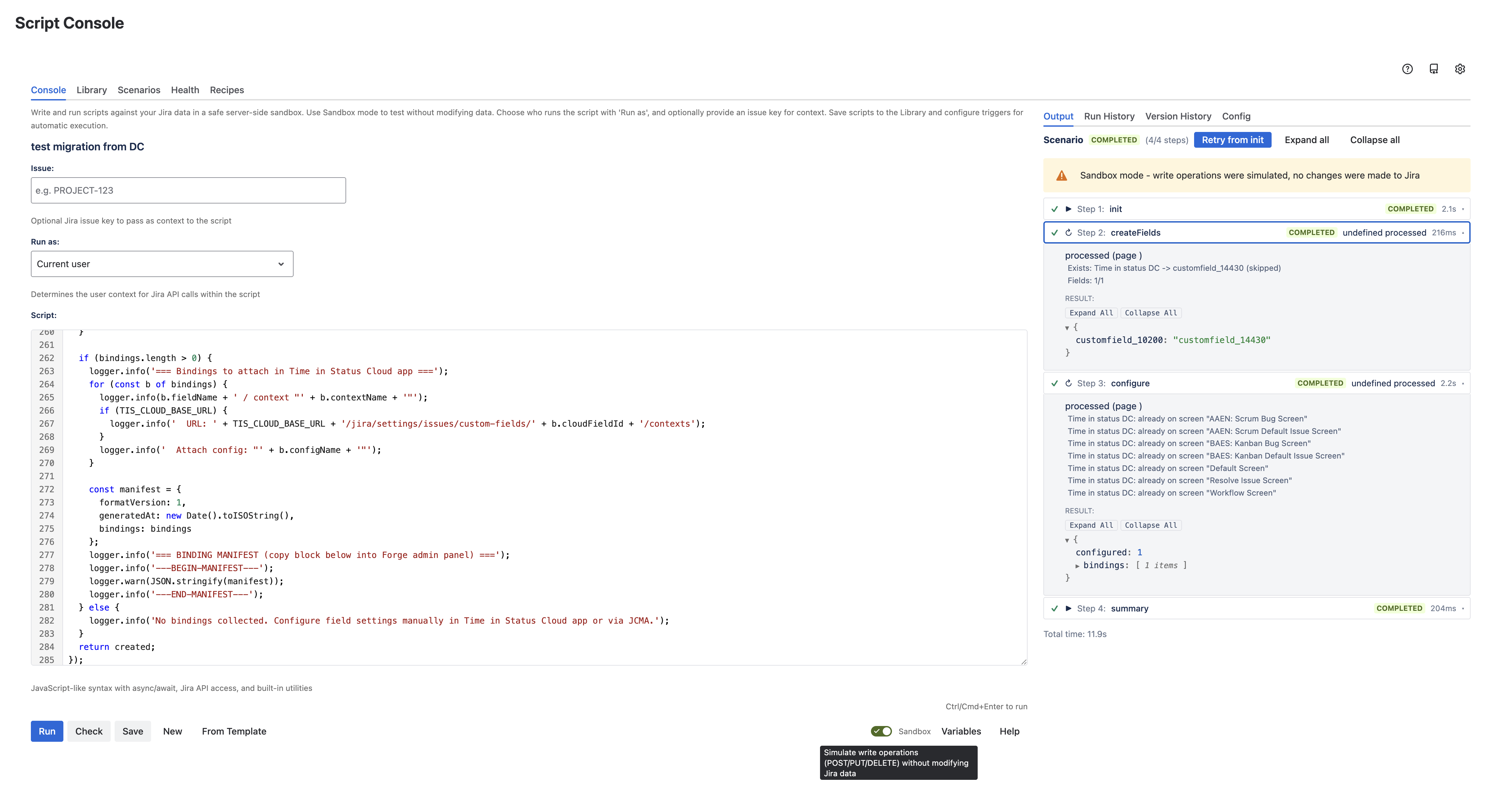 JiBrok Studio scenario dry-run in Sandbox mode with simulated write operations and all steps completed