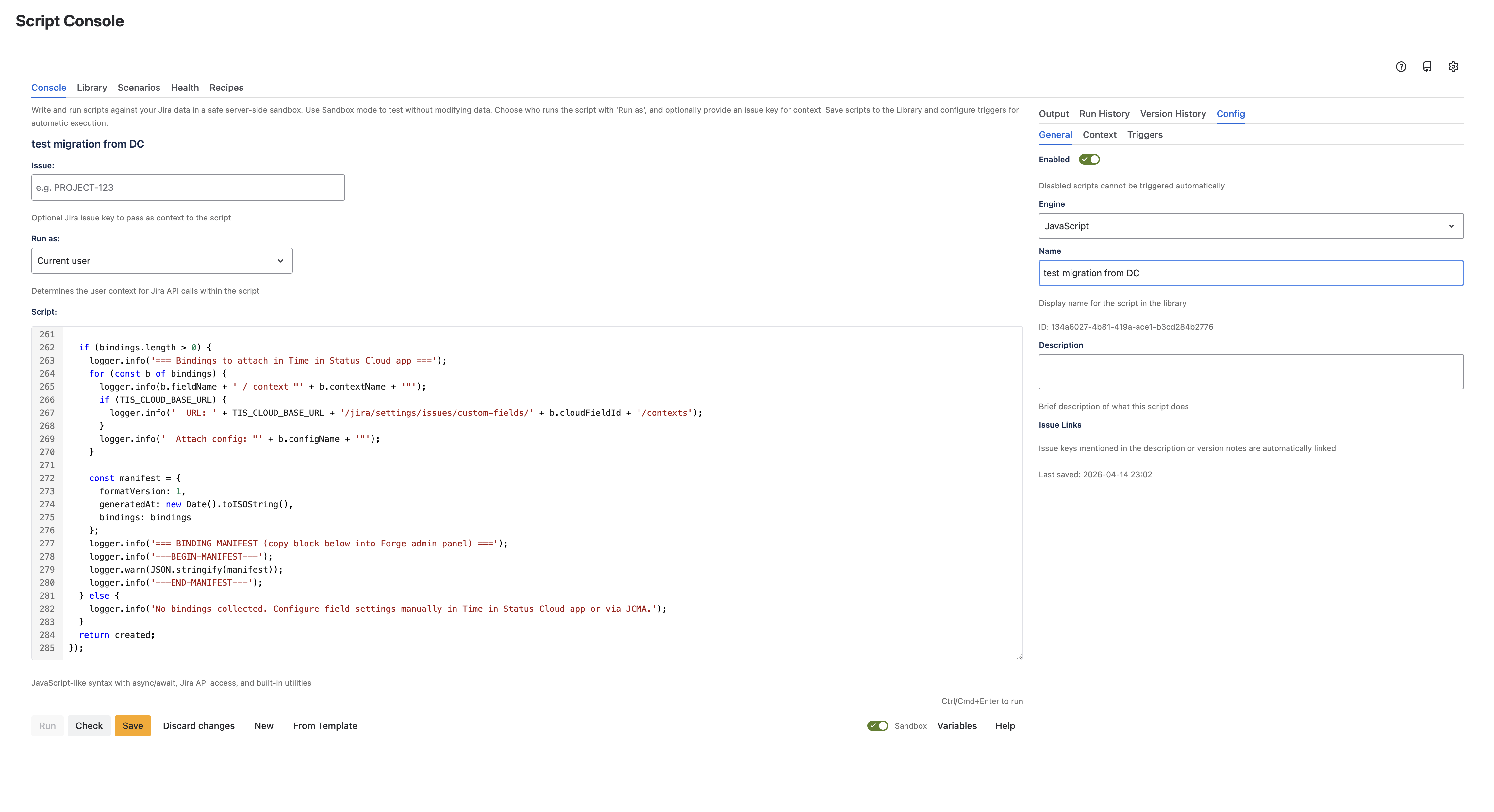 JiBrok Studio script Config tab with Enabled toggle, Engine JavaScript, Name and Description fields