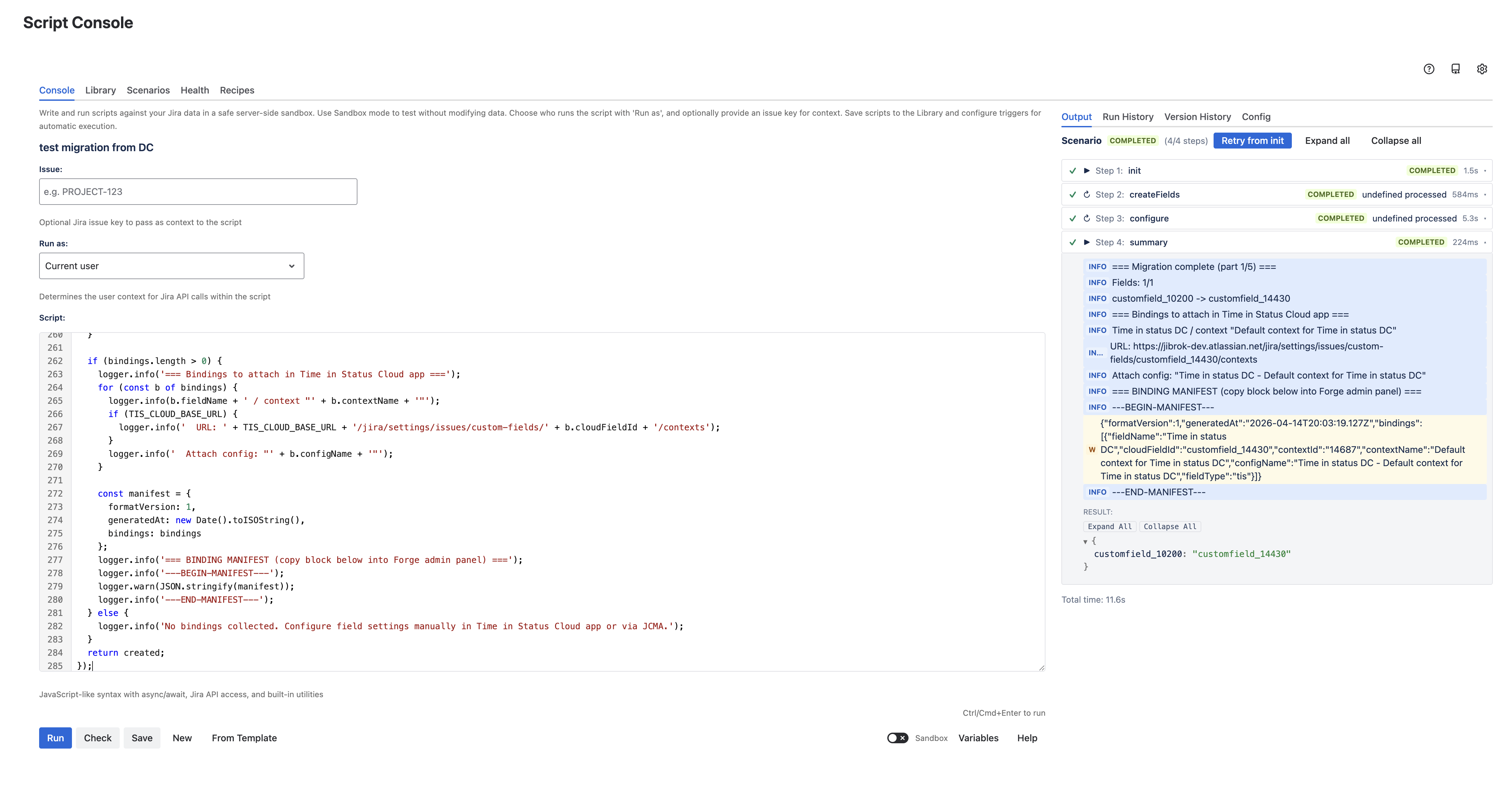 JiBrok Studio Script Console with the migration script pasted and the four scenario steps listed on the right