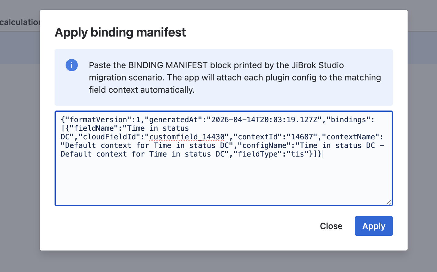 Apply binding manifest modal in Time in Status Forge with JSON pasted into the textarea
